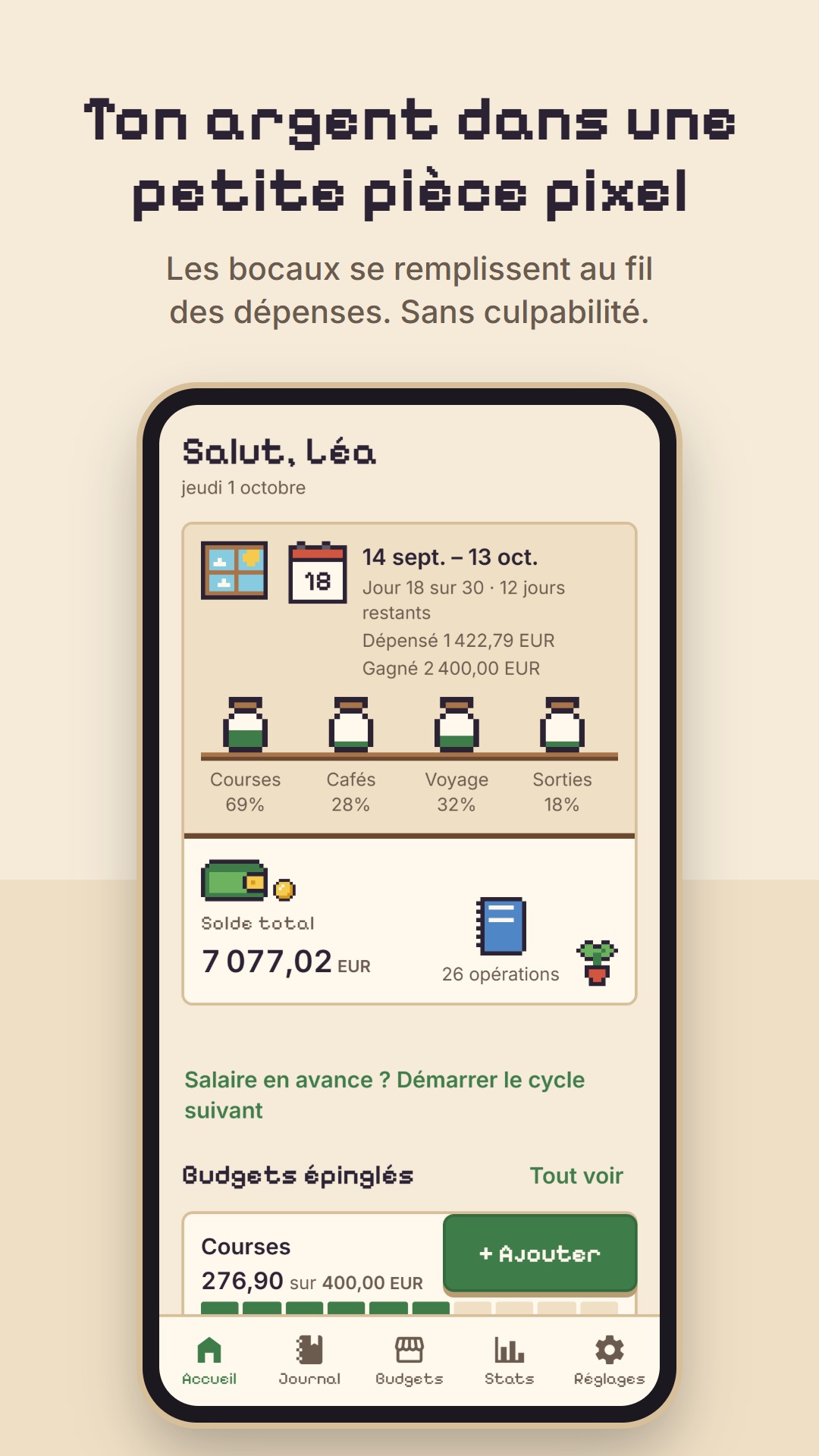 Accueil : la pièce pixel et les bocaux de budget